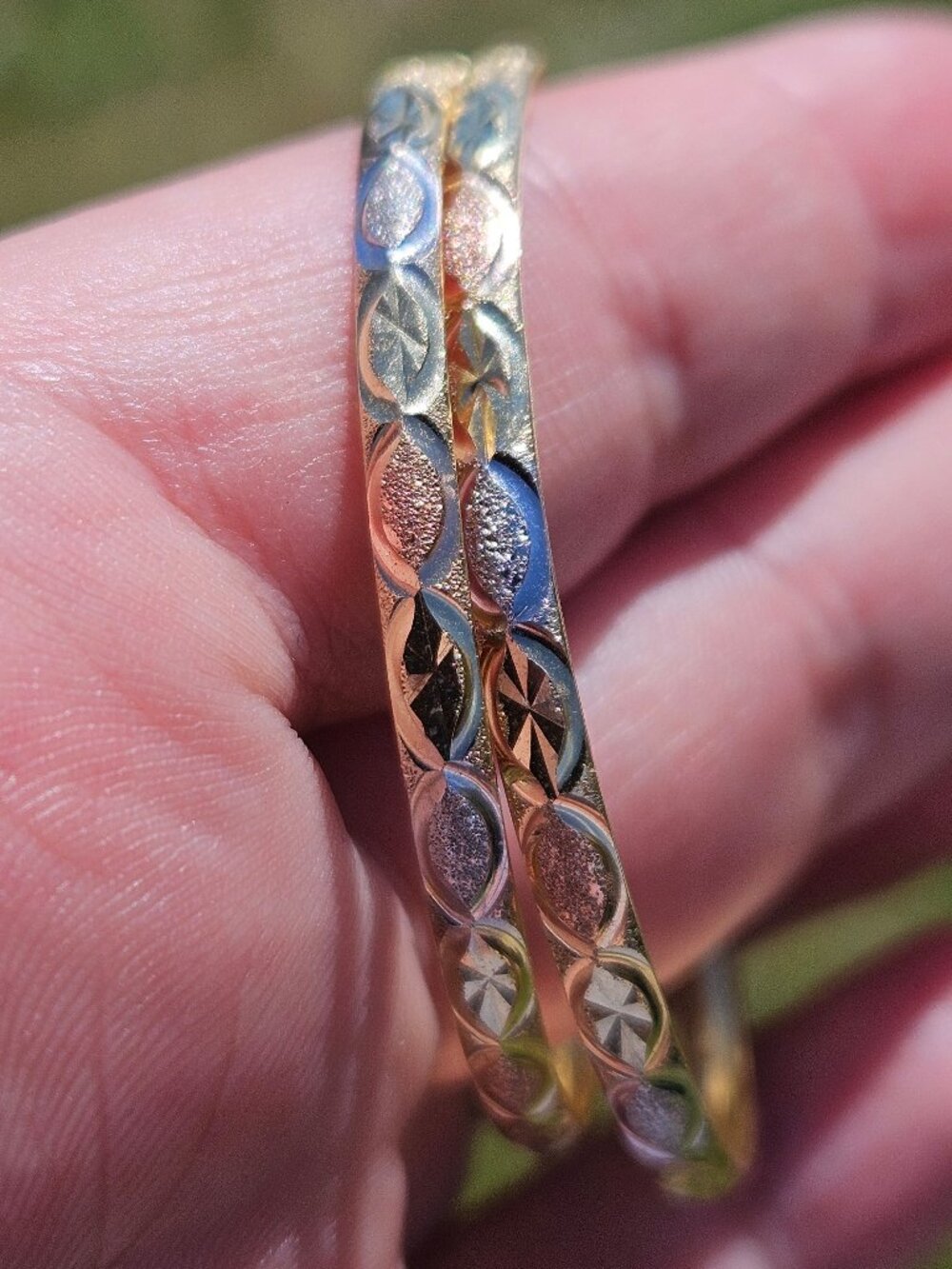 10K Tri-Color 3 Tone Gold Diamond Cut Repousse Large 2 Inch Hoop Earrings - Picture 2 of 12